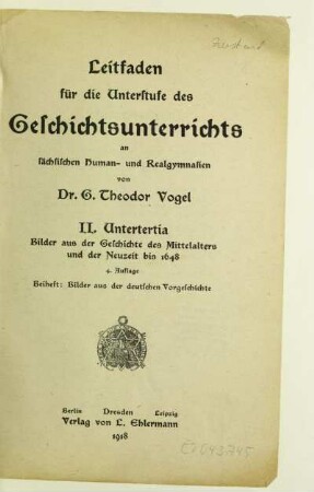 2, Beiheft = Untertertia: Bilder aus der deutschen Vorgeschichte