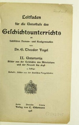 2, Beiheft = Untertertia: Bilder aus der deutschen Vorgeschichte