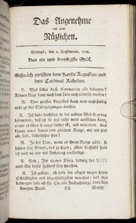 Das ein und dreyßigste Stück. Montags, den 2. Augustmonat, 1756.