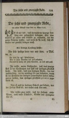 Die sechs und zwanzigste Rede, am ersten Pfingst-tage den 29. May 1746