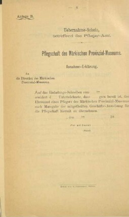 Anlage B. Uebernahme-Schein, betreffend das Pfleger-Amt