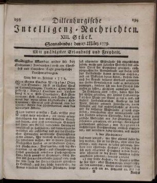XIII. Stück. Sonnabends: den 27. März 1779.