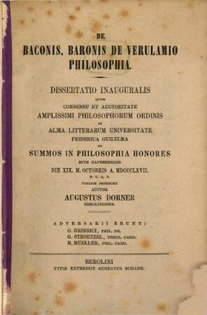 De Baconis, baronis de Verulamio philosophia : dissertatio inauguralis