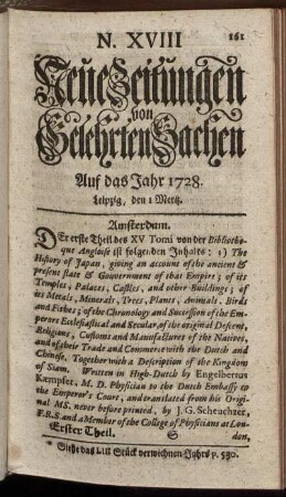 N. XVIII Leipzig, den 1 Mertz. - N. XXVI Leipzig, den 29 Mertz.