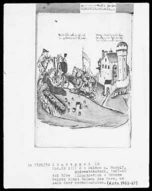 Salman und Morolf, Folio 301 recto - 399 verso — Salman und Morolf, Folio 301 recto - 399 versoUnterm Galgen bläst Salman das Horn, um sein Heer herbeizuholen., Folio 324 verso