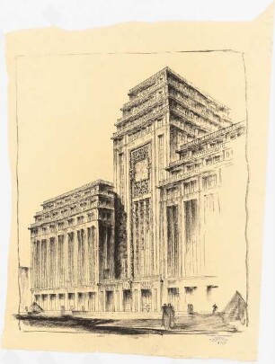 Verlagshaus des Scherl-Verlages, Berlin: Perspektivische Ansicht mit Variante zur Fassaden-Ornamentierung