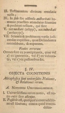 §. IV. Objecta cognitionis.