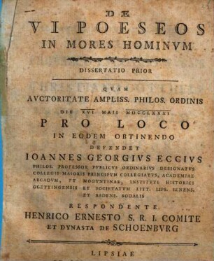 De vi poeseos in mores hominum, Dissertatio prior