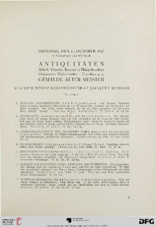 [Antiquitäten, Gemälde alter Meister aus dem Besitz Kommerzienrat Jacques Mühsam] (Nr. 1-166a)