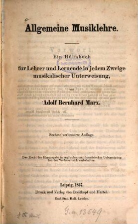 Allgemeine Musiklehre : Ein Hülfsbuch für Lehrer und Lernende in jedem Zweige musikalischer Unterweisung von Adolf Bernhard Marx