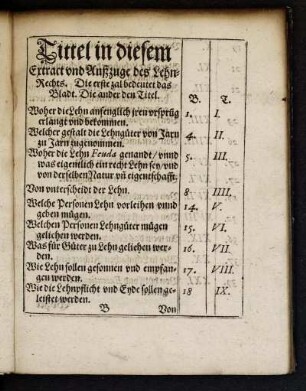 Tittel in diesemExtract und Außzuge des Lehn-Rechts. Die erste zal bedeutet das Bladt. Die ander den Titel.