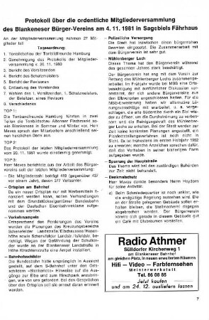 Protokoll über die ordentliche Mitgliederversammlung des Blankeneser Bürger-Vereins am 4.11. 1981 in Sagebiels Fährhaus