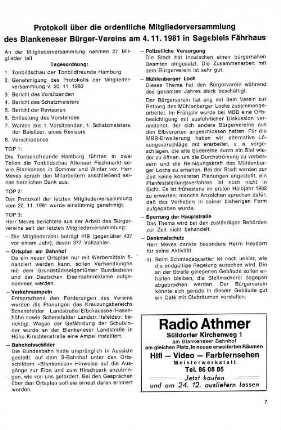 Protokoll über die ordentliche Mitgliederversammlung des Blankeneser Bürger-Vereins am 4.11. 1981 in Sagebiels Fährhaus