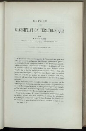 Exposé D'Une Classification Tératologique