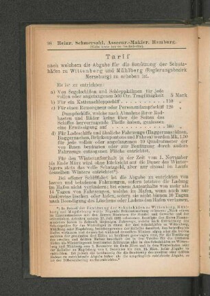 Tarif nach welchem die Abgabe für die Benützung der Schutz-häfen zu Wittenberg und Mühlberg (Regierungsbezirk Merseburg) zu erheben ist.