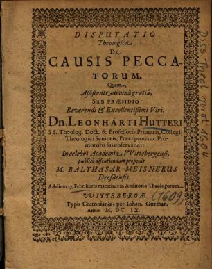 Disputatio Theologica De Causis Peccatorum
