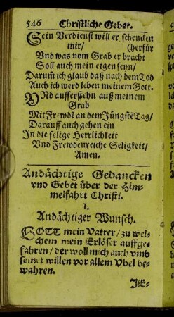 Andächtige Gedancken und Gebet über der Himmelfahrt Christi.