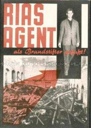 Illustriertes Propagandaflugblatt der Berliner Volkspolizei zur Verhaftung eines Brandstifters
