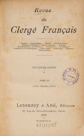Revue du clergé français. 7. 1896 = Année 2