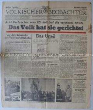 Titelblatt der Tageszeitung "Völkischer Beobachter" zur Verurteilung der Verschwörer vom 20. Juli