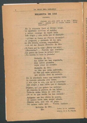Melenita de Oro : (Tango) Cantado con gran éxito en la obra "Milonguita", editada por la revista teatral "Bambalinas".