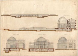Voit, August von; München; Botanischer Garten - Terrasse (Ansicht); Garten (Längsschnitt); Palmenhaus (Längsschnitte, Querschnitt, Ansicht)
