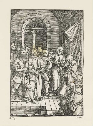 Christus vor Hannas, aus: Ulrich Pinder, Speculum passionis domini nostri Jesu christi, Nürnberg 1519, S. XXIIII recto