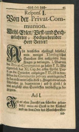 Respons. I. Von der Privat-Communion