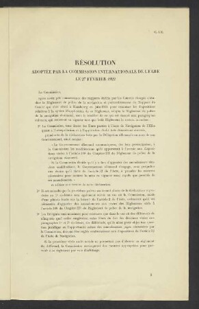 Résolution adpotée par la commission interantionale de L'Elbe le 27 Février 1922
