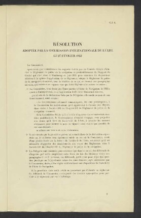 Résolution adpotée par la commission interantionale de L'Elbe le 27 Février 1922