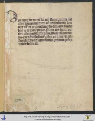 Ordenung der romis. ko. ma. Camergericht mit allen seinen punckten un̄ artickeln wie das dann uff der versamblung des heiligen Reichs dag zu worms im jar M.cccc.xcv. durch unser allergnedigsten hern Maximilian rom. ko.