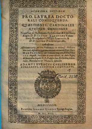 Pro Lavrea Doctorali Conseqvenda Qvaestiones Cardinales Qvatvor Continens