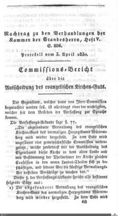 Nachtrag: Commissions-Bericht über die Ausscheidung des evangelischen Kirchen-Guts