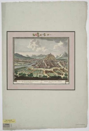 Ansicht von Graz, Radierung, um 1702 : Graz, Hooftstadt van gantz Steyrmarck vermaert ook door de Academie : cum Privil. = Graetia totius Stiriae caput Academia Inculata / Pet. Schenk exc. - Amst[elodami] , [1702]. - 1 Ansicht : Radierung ; 25 x 21 cm