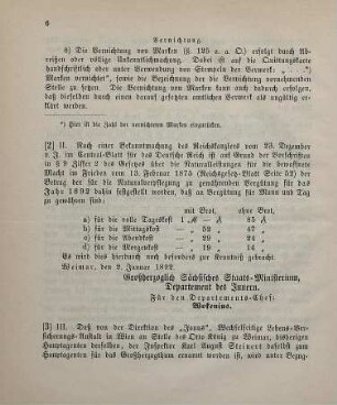 2. Ministerial-Bekanntmachung, die Vergütungssätze für die Naturalverpflegung an die bewaffnete Macht im Frieden im Jahr 1892 betreffend