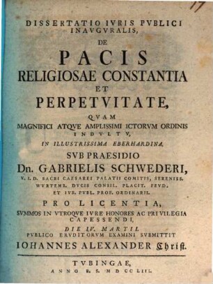 Dissertatio Ivris Pvblici Inavgvralis De Pacis Religiosae Constantia Et Perpetvitate