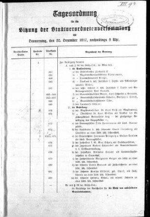Anlage: Tagesordnung für die Sitzung, 15. Dezember 1917