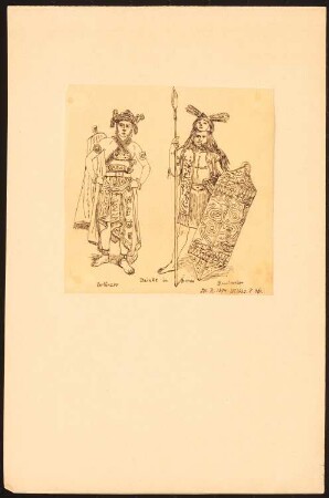 Zwei Dayak/Dajak auf Borneo: Vortänzer und Brautwerber in stammestypischer Tracht, Schild und Speer (Durchzeichnung nach Illustrirte Zeitung, 1874, No. 1636, S. 36)