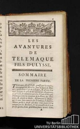 Les avantures de telemaque fils d'ulysse. Sommaire de la premiere partie.