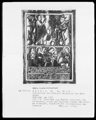 Psalterium der Königin Margarethe von Norwegen, fol 11v Christus vom Teufel versucht, der in Gestalt eines geflügelten Ochsen ihm Steine vorwirft, darunter die Auferweckung des Lazarus