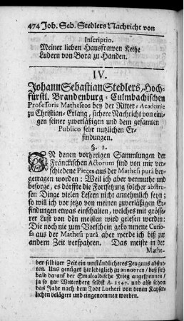 Johann Sebastian Stedlers, Hochfürstl. Brandenburg-Culmbachischen Professoris Matheseos bey der Ritter-Academie ...