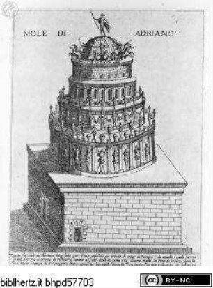Ornamenti di Fabriche antichi et moderni dell'Alma Città di Roma; con le sue dichiaratione fatti da Bartolommeo Rossi. Ioannes Maius Romanus delineavit / Parte Seconda, Tafel (5): Mole di Adriano / Engelsburg, sog. "Hadriansmausoleum"
