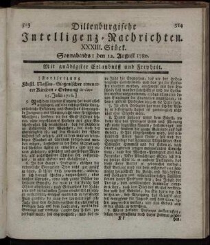 XXXIII. Stück. Sonnabends : den 12. August 1780.