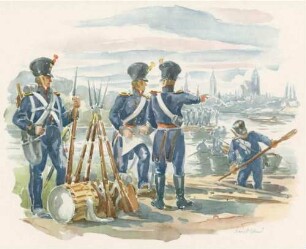 Sappeur-Kompanie 1817, Uniform-Darstellung von Offizier, Pionieren zu Wasser in Booten, Pioniere beim Brückenbau über einen Fluss alle mit Mütze, im Hintergrund Silhouette einer Stadt