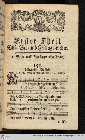 Erster Theil: Buß- Bet- und Festtags-Lieder