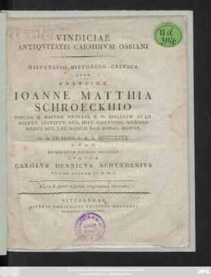 Vindiciae Antiqvitatis Carminvm Ossiani : Dispvtatio Historico-Critica