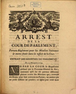 Arrest de la cour de Parlement, Portant Règlement pour les Moulins, bamaux & autres situés dans le ressort de la Cour