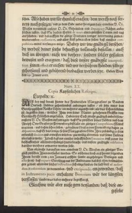 Num. XX. Copia Kayserlichen Rescripti. Leopoldt/ [et]c.