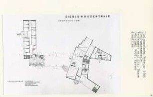 Siedlungszentrale (Diplomarbeit bei Willy Kreuer): Standesamt, Kleinkinderfürsorge, Volksbücherei, Gaststätte, Dienstwohnungen, Grundriss Erdgeschoss 1:200