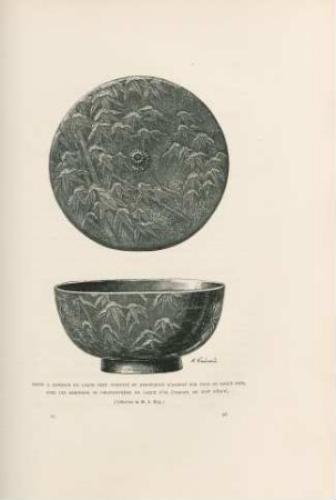 Boite a gateaux en laque vert incrusté et aventuriné d'argent sur fond de laque noir, avec les armoiries de chrysanthème en laque d'or (travail, du XVIIe sciecle. (Collection de M. S. Bing)